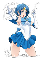 Rule 34 | 1girl, bishoujo senshi sailor moon, blue bow, blue eyes, blue hair, blue skirt, bow, breasts, butcha-u, circlet, commentary request, contrapposto, covered navel, cropped legs, earrings, elbow gloves, gloves, highres, jewelry, mizuno ami, open mouth, pointing, pointing forward, sailor collar, sailor mercury, sailor senshi uniform, short hair, skirt, small breasts, solo, syringe, thighs, water, white gloves