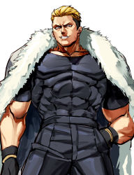Rule 34 | 1boy, bara, belt, black hair, black shirt, blonde hair, coat, fatal fury, fingerless gloves, gloves, grin, highres, houjoh (7th-heaven), looking at viewer, male focus, multicolored hair, muscular, muscular male, pants, pectorals, shirt, short hair, smile, teeth, the king of fighters, tight clothes, tight shirt, two-tone hair, yamazaki ryuuji