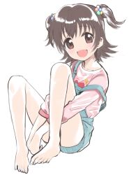 Rule 34 | 1girl, akagi miria, amezawa koma, bare legs, barefoot, blush, brown eyes, brown hair, full body, hair bobbles, hair ornament, highres, idolmaster, idolmaster cinderella girls, looking at viewer, open mouth, overall shorts, overalls, pink shirt, shirt, short hair, simple background, sketch, smile, solo, strap slip, toes, two side up, white background