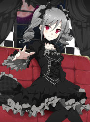 Rule 34 | 10s, 1girl, bad id, bad pixiv id, black dress, black pantyhose, bow, choker, couch, curtains, dress, female focus, full moon, gothic lolita, hair bow, idolmaster, idolmaster cinderella girls, indoors, juliet sleeves, kanzaki ranko, kurono yuzuko, lolita fashion, long sleeves, moon, night, outstretched arm, outstretched hand, pantyhose, pillow, pink eyes, puffy sleeves, red moon, ribbon choker, silver hair, sitting, sky, smile, solo, twintails, wide sleeves, window