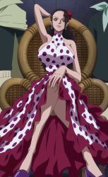 Rule 34 | 1girl, bare shoulders, breasts, brown eyes, dressrosa, earrings, female focus, flower, hair flower, hair ornament, highres, huge breasts, jewelry, legs, crossed legs, lips, looking at viewer, one piece, screencap, sitting, solo, stitched, third-party edit, viola (one piece)