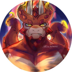 Rule 34 | 1boy, bara, chaba ga oishii, colored sclera, cthugha (housamo), fang, fang out, frown, furry, furry male, highres, male focus, muscular, muscular male, nude, octopus boy, pectorals, portrait, solo, tentacle hair, thick eyebrows, tokyo houkago summoners, yellow sclera