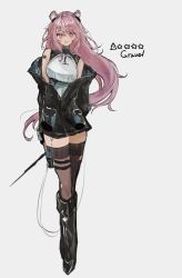 Rule 34 | 1girl, animal ears, arknights, armor, arms behind back, barcode, barcode tattoo, bare shoulders, black footwear, black jacket, black thighhighs, boots, character name, earpiece, full body, gravel (arknights), grey background, highres, jacket, knee boots, long hair, looking at viewer, mouse ears, open clothes, open jacket, orange eyes, partially unzipped, pink hair, pomopomoinu, shoulder tattoo, simple background, smile, solo, standing, tattoo, thighhighs, torn clothes, torn thighhighs, very long hair