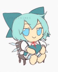Rule 34 | 1girl, ahoge, bloomers, blue bow, blue dress, blue eyes, blue hair, blue ribbon, blue wings, bow, chair, character doll, chibi, cirno, closed mouth, collar, collared shirt, commentary, dress, english commentary, frilled panties, frills, full body, fumo (doll), hair bow, hair ribbon, hands on own knees, ice, ice wings, looking at viewer, multicolored clothes, multicolored dress, neck ribbon, panties, pinafore dress, puffy short sleeves, puffy sleeves, red ribbon, ribbon, shirt, short hair, short sleeves, simple background, sitting, skullchimes, sleeveless dress, smile, solo, touhou, twitter username, underwear, white background, white collar, white shirt, wings