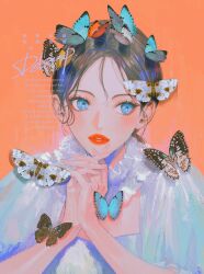 Rule 34 | 1girl, artist name, blue butterfly, blue eyes, blush, brown hair, bug, butter, butterfly, butterfly on head, collar, dekooop, food, frilled collar, frills, hair behind ear, highres, insect, light blush, lipstick, looking to the side, makeup, orange background, original, own hands together, parted hair, parted lips, portrait, red lips, shirt, sidelocks, sideways, signature, simple background, solo, upper body, watermark, white shirt