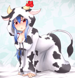 1girl all_fours animal_costume animal_print breasts cleavage cow_costume cow_print ex-keine female_focus horns kamishirasawa_keine large_breasts long_hair netachou red_eyes ribbon solo touhou