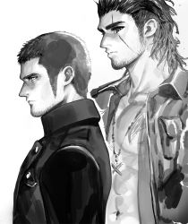 Rule 34 | 2boys, bara, beard, collared shirt, cor leonis, expressionless, facial hair, final fantasy, final fantasy xv, from side, gladiolus amicitia, greyscale, hair slicked back, highres, in higashiyama, jewelry, long sideburns, looking at another, male focus, mature male, medium hair, monochrome, multiple boys, necklace, pectoral cleavage, pectorals, scar, scar across eye, scar on face, shirt, short hair, sideburns, stubble, undercut, upper body