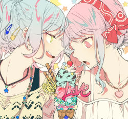 Rule 34 | 2girls, :o, alternate hairstyle, aqua hair, bad id, bad pixiv id, bandana, bang dream!, braid, cherry, cookie, food, forehead-to-forehead, french braid, fruit, green eyes, hair bun, hair ornament, hairclip, hand on another&#039;s face, heads together, heart, heart necklace, highres, hikawa hina, ice cream, ice cream cone, jewelry, looking at another, maruyama aya, multiple girls, necklace, open mouth, pendant, pink eyes, pink hair, ponytail, red bandana, shino yuki, single hair bun, smile, star (symbol), star necklace, triple scoop, twitter username, upper body, whipped cream, yuri