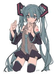 Rule 34 | 1girl, 3774., black footwear, black skirt, black sleeves, blue eyes, blue hair, blue necktie, boots, cowboy shot, cropped legs, detached sleeves, grey shirt, hatsune miku, highres, long hair, looking at viewer, necktie, number tattoo, open mouth, pleated skirt, shirt, simple background, skirt, sleeveless, sleeveless shirt, solo, tattoo, thigh boots, twintails, very long hair, vocaloid, w arms, white background