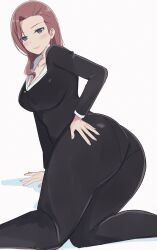 1girl ass black_suit blue_eyes blush breasts brown_hair commentary_request formal hand_on_own_ass highres kneeling large_breasts long_hair long_sleeves looking_at_viewer looking_back love_live! love_live!_nijigasaki_high_school_idol_club mature_female pantylines shirt smile suit wewe white_background white_shirt zhong_lanzhu&#039;s_mother