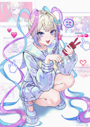 Rule 34 | 1girl, absurdres, blue eyes, blue hair, bow, bowtie, cellphone, chouzetsusaikawa tenshi-chan, cursor, full body, gradient hair, hair bow, heart, highres, holding, holding phone, holographic clothing, long hair, looking at viewer, middle finger, multicolored hair, multicolored nails, multiple hair bows, nail polish, needy girl overdose, open mouth, phone, pink hair, platform footwear, pleated skirt, purple z, sailor collar, school uniform, serafuku, silver hair, skirt, smartphone, smile, solo, squatting, very long hair, window (computing)