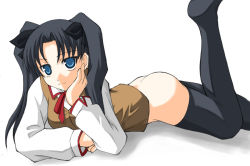 Rule 34 | 00s, 1girl, akino hamo, ass, black hair, black thighhighs, blue eyes, bottomless, fate/stay night, fate (series), female focus, homurahara academy school uniform, long hair, long legs, long sleeves, lying, on stomach, school uniform, serafuku, simple background, solo, thighhighs, tohsaka rin, twintails, two side up, white background