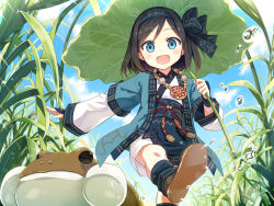 Rule 34 | 1girl, ainu clothes, ayakashi kyoushuutan, bead necklace, beads, black hair, blue eyes, blue sky, blush, cura, day, headband, highres, jewelry, leaf umbrella, long sleeves, looking at viewer, necklace, official art, open mouth, outdoors, palopolo, short hair, sky, smile, solo, toad (animal), walking, water drop