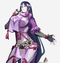 Rule 34 | 1girl, armor, black gloves, bodysuit, breasts, elbow gloves, fate/grand order, fate (series), fingerless gloves, gloves, highres, japanese armor, kote, large breasts, long hair, looking at viewer, minamoto no raikou (fate), parted bangs, pelvic curtain, purple bodysuit, purple eyes, purple hair, ribbed sleeves, rope, solo, tabard, tassel, u 5ham0, very long hair