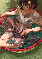 Rule 34 | 1girl, absurdres, animal, bikini, bikini under clothes, black hair, crossed legs, female focus, grass, hair between eyes, highres, octopus, octopus tattoo, original, outdoors, pueblo, signature, smile, solo, swimsuit, tattoo, tentacles, thigh gap, thighs, wading pool, water, wavy hair, wet, wet clothes