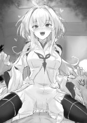 Rule 34 | 1boy, 1girl, ahoge, blush, breasts, command spell, fate/grand order, fate/prototype, fate (series), fingerless gloves, girl on top, gloves, greyscale, highres, holding hands, interlocked fingers, kazami chiu, long hair, long sleeves, looking at viewer, medium breasts, merlin (fate/prototype), merlin (fate/prototype) (second ascension), monochrome, open mouth, robe, sketch, smile, straddling, thighs, very long hair, wide sleeves