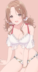 Rule 34 | 1girl, alternate hairstyle, arm support, bare shoulders, between legs, bikini, blush, breasts, brown eyes, brown hair, cleavage, collarbone, dot nose, earrings, floral print, hair ornament, hair scrunchie, hairclip, hand between legs, highres, ichikawa hinana, idolmaster, idolmaster shiny colors, jewelry, large breasts, long hair, looking at viewer, multiple bracelets, navel, open mouth, pachiko, parted bangs, pink background, print bikini, ribbon-trimmed swimsuit, ribbon trim, ring, scrunchie, see-through, side-tie bikini bottom, simple background, sitting, smile, solo, swimsuit, twintails, two-tone bikini, white scrunchie