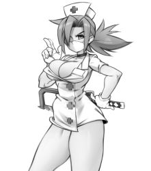 Rule 34 | + +, 1girl, breasts, choker, cleavage, dress, eyepatch, gloves, greyscale, hacksaw, hat, highres, kelvin hiu, large breasts, long hair, looking at viewer, mask, microdress, monochrome, mouth mask, name tag, nurse cap, one-eyed, ponytail, saw, skullgirls, solo, surgical mask, thick thighs, thighs, valentine (skullgirls), white background