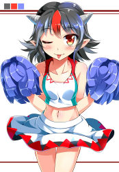 Rule 34 | 1girl, bare arms, bare shoulders, black hair, blush, cheerleader, collarbone, cone horns, crop top, e.o., grey horns, highres, horns, kijin seija, midriff, multicolored hair, navel, one eye closed, pointy ears, pom pom (cheerleading), red eyes, skirt, smile, solo, streaked hair, striped horns, tongue, tongue out, touhou