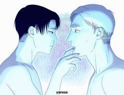 Rule 34 | 2boys, black hair, blue theme, erwin smith, finger to another&#039;s mouth, from side, furrowed brow, half-closed eyes, highres, levi (shingeki no kyojin), male focus, monochrome, multiple boys, nude, profile, shingeki no kyojin, short hair, skinny, thick eyebrows, upper body, yaoi, yuroox