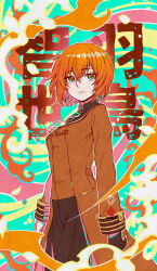 Rule 34 | 1girl, amulet, brown jacket, character name, closed mouth, gloves, green eyes, hatori chise, high collar, highres, jacket, kanchiyo, long sleeves, looking at viewer, looking to the side, mahou tsukai no yome, orange hair, short hair, signature, single glove, solo