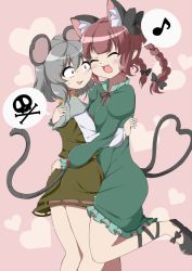 Rule 34 | 2girls, animal ears, bow, braid, bwell, capelet, cat ears, cat tail, commentary, dress, closed eyes, fang, green dress, grey hair, hair bow, heart, heart tail, hug, juliet sleeves, kaenbyou rin, long sleeves, mouse ears, mouse tail, multiple girls, musical note, nazrin, open mouth, pink background, puffy sleeves, red eyes, red hair, shirt, smile, spoken musical note, spoken skull, sweat, tail, touhou, twin braids, wide-eyed