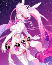 Rule 34 | 1girl, :d, aisha landar, bow, cowboy shot, dress, elbow gloves, elsword, frills, gloves, hair ornament, long hair, looking at viewer, magical girl, metamorphy (elsword), open mouth, pink eyes, pink hair, purple background, rio (rio773), sky, smile, solo, star (sky), star (symbol), star in eye, starry sky, symbol in eye, thighhighs, twintails, white bow, white dress, white gloves, white thighhighs, zettai ryouiki