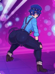 Rule 34 | 1girl, artist name, ass, ass shake, blue hair, blue lips, blue shirt, blush, fingerless gloves, gloves, hair between eyes, hand on own knee, hat, highres, huge ass, lipstick, looking back, makeup, motion lines, persona, persona 4, persona 4: dancing all night, persona dancing, purple eyes, shirogane naoto, shirt, shoes, short hair, solo, squatting, suspenders
