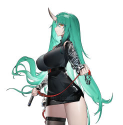 Rule 34 | 1girl, absurdres, arknights, black dress, breasts, dress, female focus, green hair, highres, holding, holding leash, horns, hoshiguma (arknights), hoshiguma (ronin huntress) (arknights), large breasts, leash, long hair, long sleeves, official alternate costume, pencil dress, profile, simple background, single horn, single thighhigh, solo, thighhighs, thighs, very long hair, white background, yellow eyes, yushe quetzalli