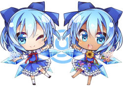 Rule 34 | 2girls, barefoot, blouse, blue bow, blue dress, blue eyes, blue hair, blue ribbon, bow, chibi, circled 9, cirno, clone, dress, dress shirt, dual persona, flower, flower-shaped pupils, hair bow, hair flower, hair ornament, hidden star in four seasons, ice, ice wings, looking at viewer, mahina-akiko, multiple girls, one eye closed, open mouth, plant, puffy short sleeves, puffy sleeves, red bow, red ribbon, ribbon, shirt, short hair, short sleeves, smile, sunflower, sunflower hair ornament, symbol-shaped pupils, tan, tanline, tanned cirno, touhou, vines, white shirt, white shirt, wings
