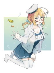 Rule 34 | 1girl, absurdres, blonde hair, blue eyes, blue skirt, breasts, cleavage, commentary request, fish, full body, glasses, hat, highres, i-8 (kancolle), jacket, kantai collection, large breasts, long hair, low twintails, name tag, peaked cap, pleated skirt, red-framed eyewear, sailor hat, school swimsuit, semi-rimless eyewear, skirt, solo, swimsuit, thighhighs, toriniku senshi chikinman, twintails, under-rim eyewear, white hat, white jacket, white thighhighs