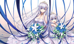 Rule 34 | 2girls, :d, aged down, azur lane, bad id, bad pixiv id, bare shoulders, belfast (azur lane), belfast (the pledge of claddagh) (azur lane), blue flower, blue ribbon, blue rose, blush, bouquet, braid, breasts, bride, cleavage, closed mouth, collarbone, commentary request, dress, earrings, flower, hair between eyes, hair ribbon, head tilt, highres, holding, holding bouquet, jewelry, large breasts, little bel (azur lane), multiple girls, one side up, open mouth, outstretched arms, purple eyes, ribbon, rose, silver hair, smile, strapless, strapless dress, tama yu, teeth, tiara, upper teeth only, wedding dress, white dress, white flower