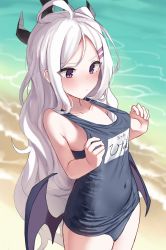 Rule 34 | 1girl, absurdres, bare arms, bare shoulders, beach, blue archive, blush, closed mouth, collarbone, covered navel, cowboy shot, flat chest, hair ornament, highres, hina (blue archive), hina (swimsuit) (blue archive), horns, long hair, low wings, ocean, one-piece swimsuit, outdoors, purple eyes, shengtian, solo, swimsuit, water, white hair, wings
