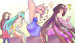 Rule 34 | !?, 4girls, @ @, ^^^, alternate costume, animal ear fluff, animal ears, aqua hair, black hair, blue dress, breasts, brown hair, dragon girl, dragon horns, dress, fang, fate/grand order, fate (series), fox ears, fox girl, fox tail, glasses, gradient hair, green hair, highres, horns, kiyohime (fate), large breasts, leonardo da vinci (fate), long hair, looking at another, looking to the side, multicolored hair, multiple girls, open mouth, osakabehime (fate), pantyhose, pink hair, purple eyes, sitting, smile, speech bubble, surprised, tail, tamamo (fate), tamamo no mae (fate/extra), translation request, very long hair, wavy mouth, wisespeak, yellow eyes