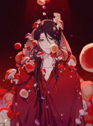 Rule 34 | 1boy, bleeding, blood, brown eyes, brown hair, buttons, chinese commentary, closed mouth, commentary request, empty eyes, highres, long hair, lord of the mysteries, mr a, mushroom, red background, red mushroom, red robe, robe, shaoyun771, solo