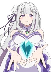 1girl bare_shoulders blunt_bangs blush_stickers breasts cleavage detached_sleeves dress emilia_(re:zero) floating_gem flower frills from_below gem glowing_gem grey_hair hair_ornament hair_ribbon highres long_hair looking_at_viewer noyama_takenoko outstretched_hand purple_eyes re:zero_kara_hajimeru_isekai_seikatsu ribbon rose simple_background smile solo white_background white_flower x_hair_ornament