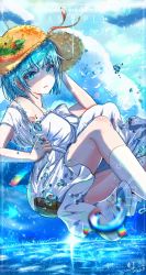 Rule 34 | 1girl, blue eyes, blue hair, breasts, clothes lift, dress, dress lift, hat, highres, looking at viewer, original, short hair, straw hat, swing, swinging, thighhighs, user mtuf7345, water, white dress