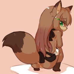 Rule 34 | 1girl, anus, ass, brown hair, female focus, fox, from behind, furry, furry female, green eyes, long hair, looking back, ohakotome, solo, squatting
