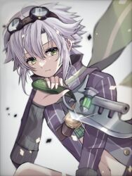 Rule 34 | 1girl, black shirt, blurry, closed mouth, commentary, depth of field, eiyuu densetsu, eyelashes, falcom, fie claussell, fighting stance, glint, goggles, goggles on head, green eyes, green scarf, grey background, grey hair, hair between eyes, hand up, holding, holding knife, knife, long sleeves, looking at viewer, natsusechoco, navel, scarf, sen no kiseki, sen no kiseki ii, serious, shirt, short hair, simple background, solo, spiked hair, upper body