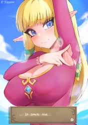 Rule 34 | 1girl, arm up, armpit focus, armpits, blonde hair, blue eyes, blue sky, blunt bangs, blush, breasts, cleavage, cloud, commentary request, covered erect nipples, day, dress, english text, gem, hair ribbon, highres, jtveemo, large breasts, long hair, looking at viewer, nintendo, pointy ears, princess zelda, ribbon, sky, smile, solo, sweat, the legend of zelda, the legend of zelda: skyward sword, torn clothes, torn dress, tress ribbon, upper body