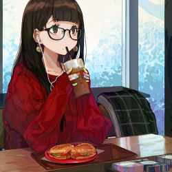 Rule 34 | 1girl, black hair, blunt bangs, brown eyes, brown hair, cafe, closed mouth, collarbone, cup, drinking, drinking glass, drinking straw, earbuds, earphones, earrings, food, glasses, indoors, jewelry, listening to music, long hair, mole, mole under mouth, multicolored nails, nail polish, original, red sweater, ribbed sweater, sandwich, sitting, sleeves past wrists, solo, sweater, tareme, window, yuu (higashi no penguin)