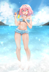 Rule 34 | 1girl, bare arms, bare legs, bare shoulders, bikini, blue bikini, blue sky, blush, bubble tea, closed mouth, commentary, commission, cup, day, english commentary, frilled bikini, frills, grey eyes, highres, holding, holding cup, holding water gun, looking at viewer, medium hair, navel, ocean, original, outdoors, pigeon-toed, pink hair, drinking, sky, smile, solo, standing, swimsuit, temachii, wading, water gun, wet