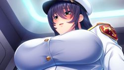 Rule 34 | 1girl, badge, blush, breasts, buttons, embarrassed, female focus, from below, game cg, green eyes, hair between eyes, hat, huracan, indoors, kyonyuu onna shikan sennou saimin, large breasts, light blush, long hair, looking at viewer, looking down, lune (company), maria lawrence, neon lights, nose blush, open mouth, original, purple hair, solo, uniform, upper body
