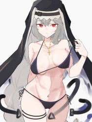Rule 34 | 1girl, alternate costume, arknights, asususususu, bare shoulders, bikini, black bikini, black headwear, braid, breasts, breasts apart, commentary request, cowboy shot, cross, cross necklace, habit, highres, holding strap, jewelry, long hair, looking at viewer, medium breasts, necklace, red eyes, side-tie bikini bottom, silver hair, sketch, solo, specter (arknights), stomach, string bikini, swimsuit, thigh strap, thighs, very long hair, white background