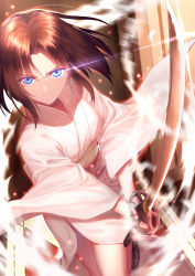 Rule 34 | 1girl, aura, black footwear, blue eyes, blurry, breasts, brown hair, closed mouth, commentary request, eye trail, floating hair, from above, glint, gogatsu fukuin, hair intakes, highres, holding, holding sword, holding weapon, japanese clothes, kara no kyoukai, katana, kimono, light trail, long sleeves, looking at viewer, medium breasts, obi, ryougi shiki, sash, serious, short hair, solo, sword, two-handed, v-shaped eyebrows, weapon, white kimono, wide sleeves, wind