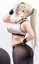 Rule 34 | 1girl, absurdres, ass, azur lane, ball, black choker, black pants, blush, breasts, chela77, choker, exercise ball, hand on own hip, highres, holding, holding towel, large breasts, light brown hair, long hair, looking at viewer, official alternate costume, painleve (azur lane), painleve (team stretching) (azur lane), pants, ponytail, simple background, skindentation, smile, solo, sports bra, steaming body, teeth, towel, twisted torso, upper teeth only, very long hair, white background, white sports bra, wristband, yoga pants