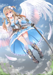 Rule 34 | 1girl, absurdres, alternate costume, angel wings, armor, armored boots, armored dress, blue eyes, boots, dress, flying, frilled dress, frills, girls&#039; frontline, gloves, highres, katana, light brown hair, natsuki (digretking), solo, suomi (girls&#039; frontline), sword, thighhighs, weapon, wings