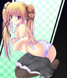 Rule 34 | 1girl, achikun, ass, black skirt, blonde hair, blue eyes, blush, bra, brown thighhighs, checkered background, clothes pull, embarrassed, green background, hair ribbon, kneeling, lingerie, long hair, looking at viewer, panties, parted lips, ribbon, skirt, skirt pull, solo, striped bra, striped clothes, striped panties, teeth, thighhighs, twintails, underwear, undressing, white bra, white panties