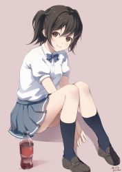 Rule 34 | 1girl, between legs, blue bow, blue socks, blush, bottle, bow, breasts, brown eyes, brown footwear, brown hair, closed mouth, collared shirt, commentary request, dress shirt, drink, grey skirt, hair between eyes, hand between legs, head tilt, highres, kneehighs, loafers, long hair, looking at viewer, one side up, original, pleated skirt, puffy short sleeves, puffy sleeves, shirt, shoes, short sleeves, signature, sitting, skirt, small breasts, smile, socks, solo, transparent, twintails, white shirt, yoshino ryou