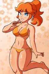 Rule 34 | 1girl, ass, barefoot, bikini, breasts, cleavage, earrings, feet, highres, jewelry, large breasts, mario (series), nintendo, orange bikini, orange hair, ponytail, princess daisy, shiny skin, solo, standing, standing on one leg, super mario land, swimsuit, thick thighs, thighs